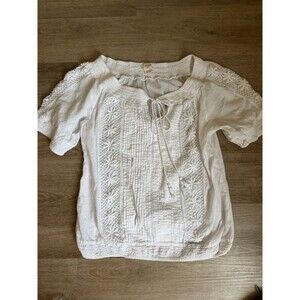 Sundance Women’s White Boho Blouse Beachy Short Sleeve Peasant Top Bohemian